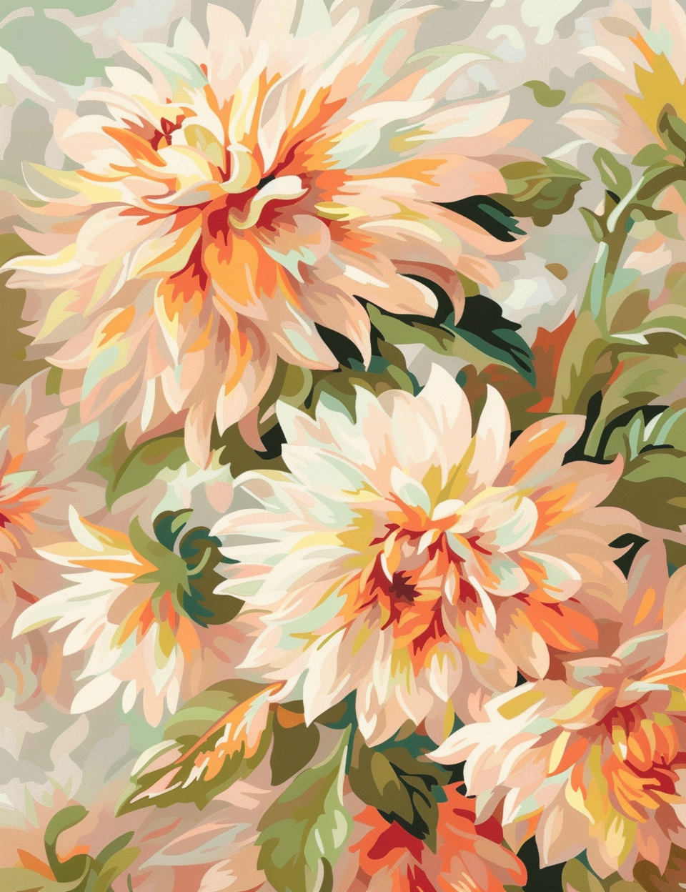 Floral Paint by Numbers Dahlias Cream Pink Yellow Leaves