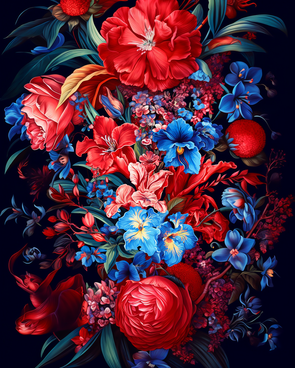 Floral pattern with vibrant red and blue Colombian flowers