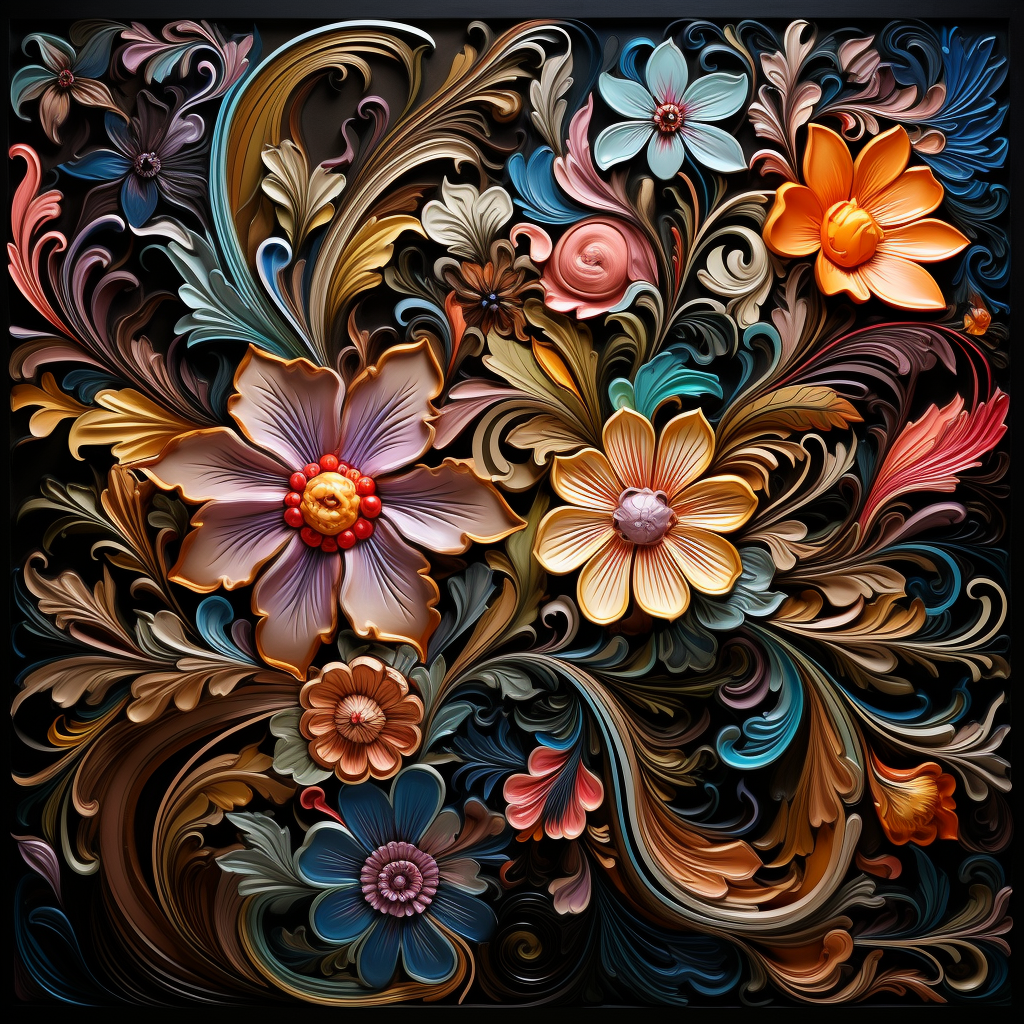 Abstract Colorful Floral Pattern on Black Fabric