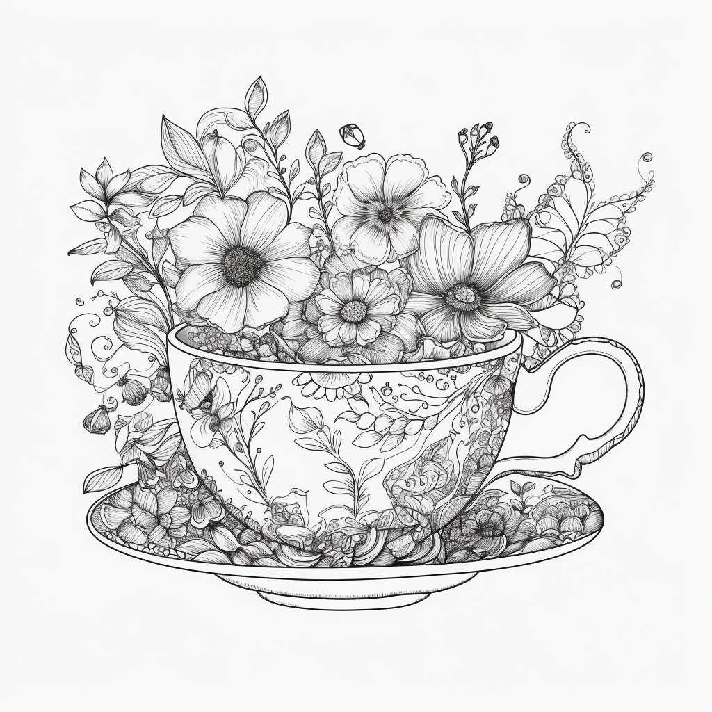 Coloring book page with floral tea cup