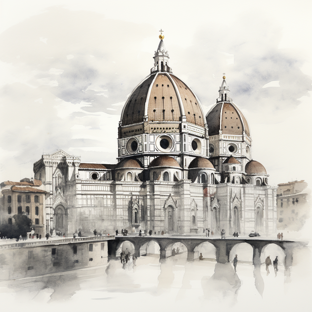 Monochrome watercolor sketch of Florence Duomo dome