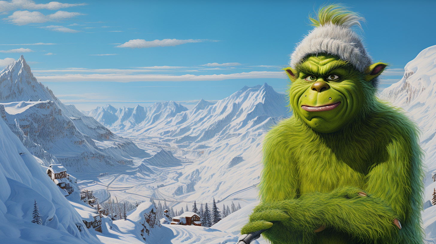 Hyperreal Florescent Green Grinch on Snowy Mountain