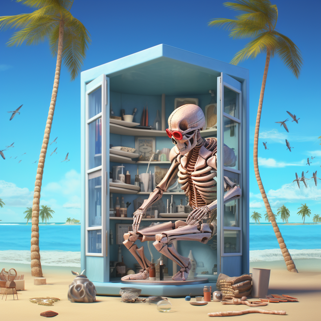 Anatomical illustration showing facet joints and syringe on Florida beach