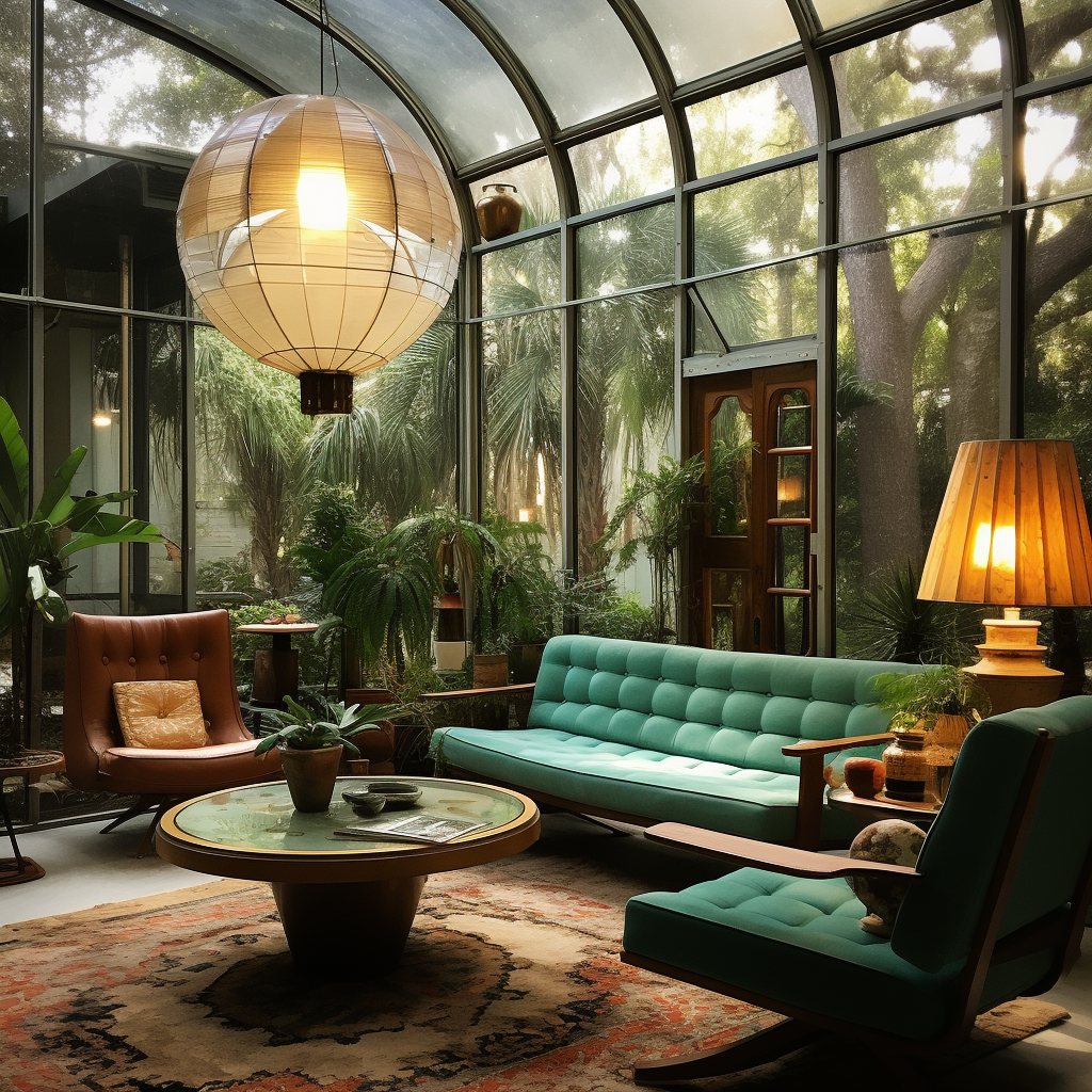 Floridian Sunroom with Mid Century Modern Patina Green Furniture