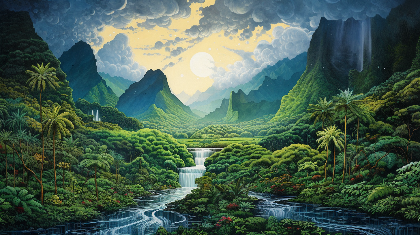 Lush Hawaiian valley with flowing spirit and ethereal beauty