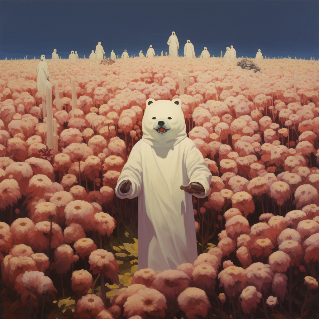 Cult with smiles surrounded by flowers and bear