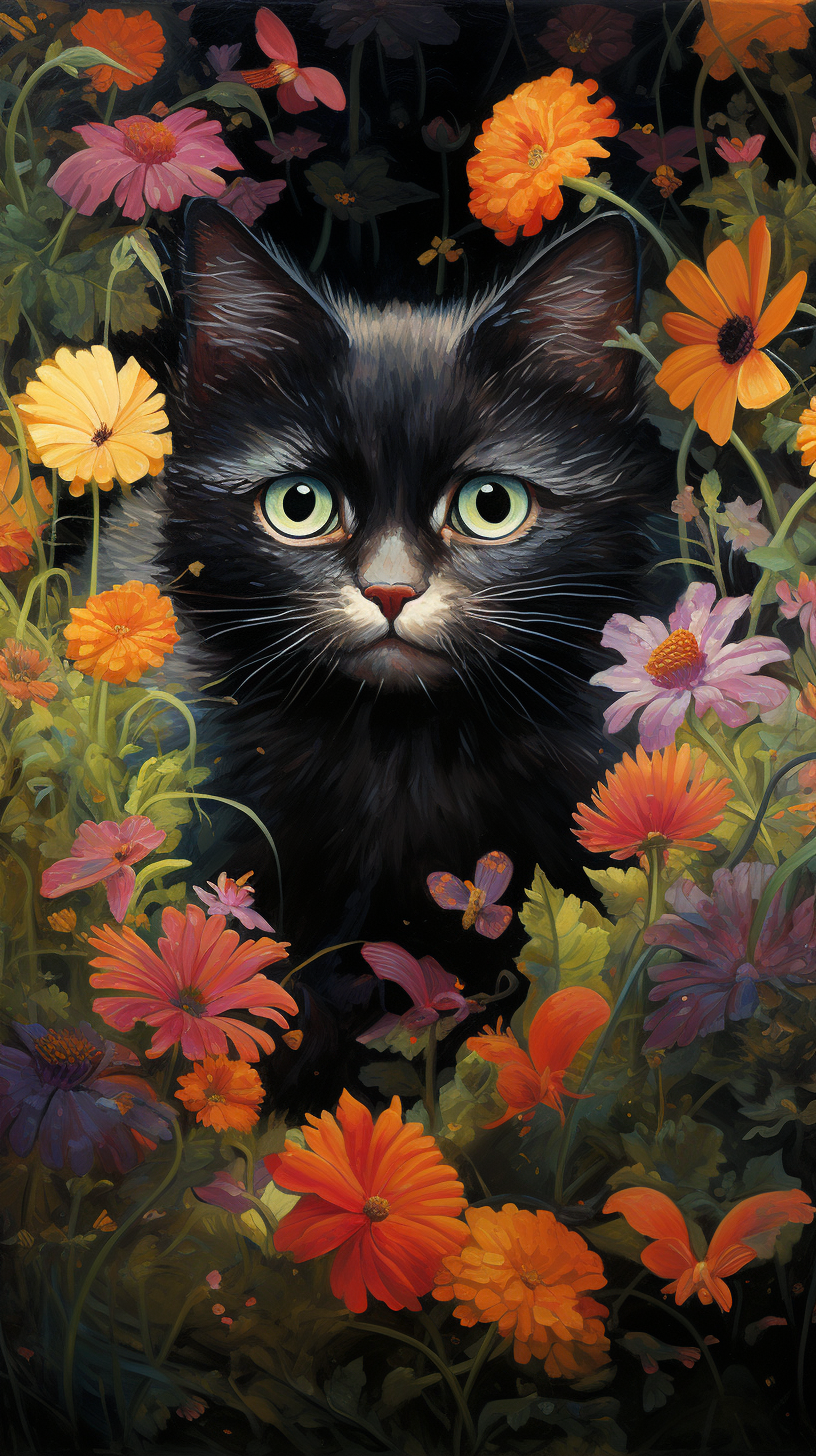 Image of a Flower Garden with a Cat, Enchanting and Mystical