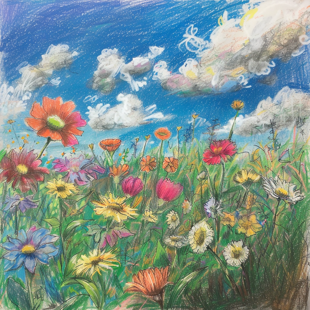 Colorful flower garden under blue sky sketch