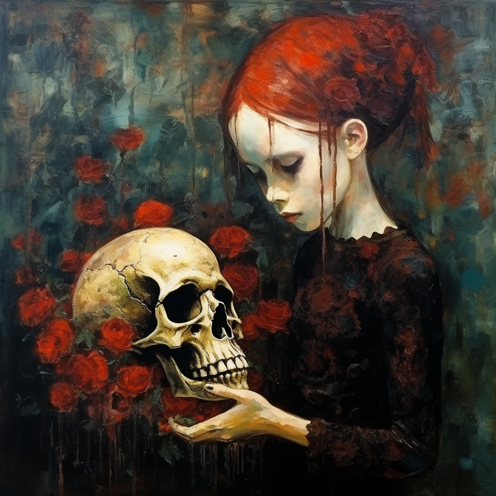 Flower girl with skull oil paint