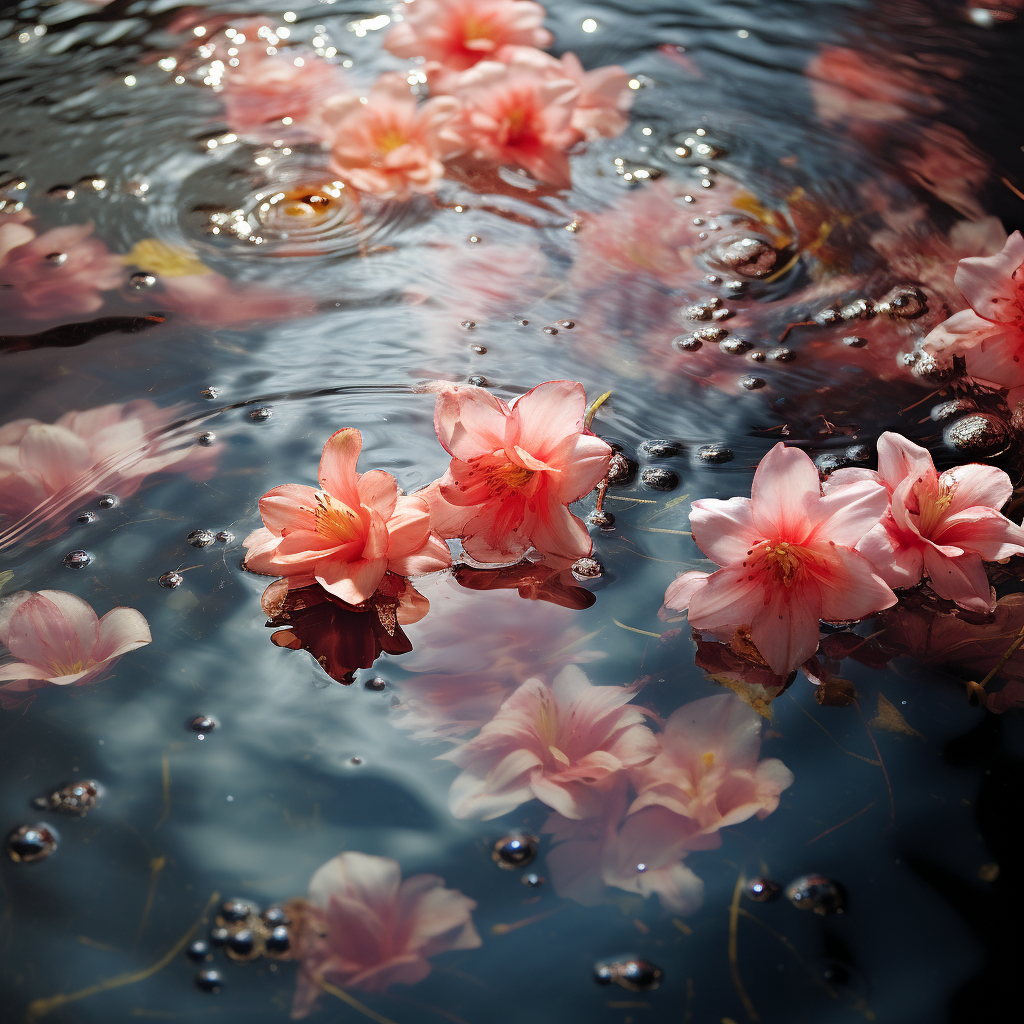 Colorful flower petals with a shiny object in the water