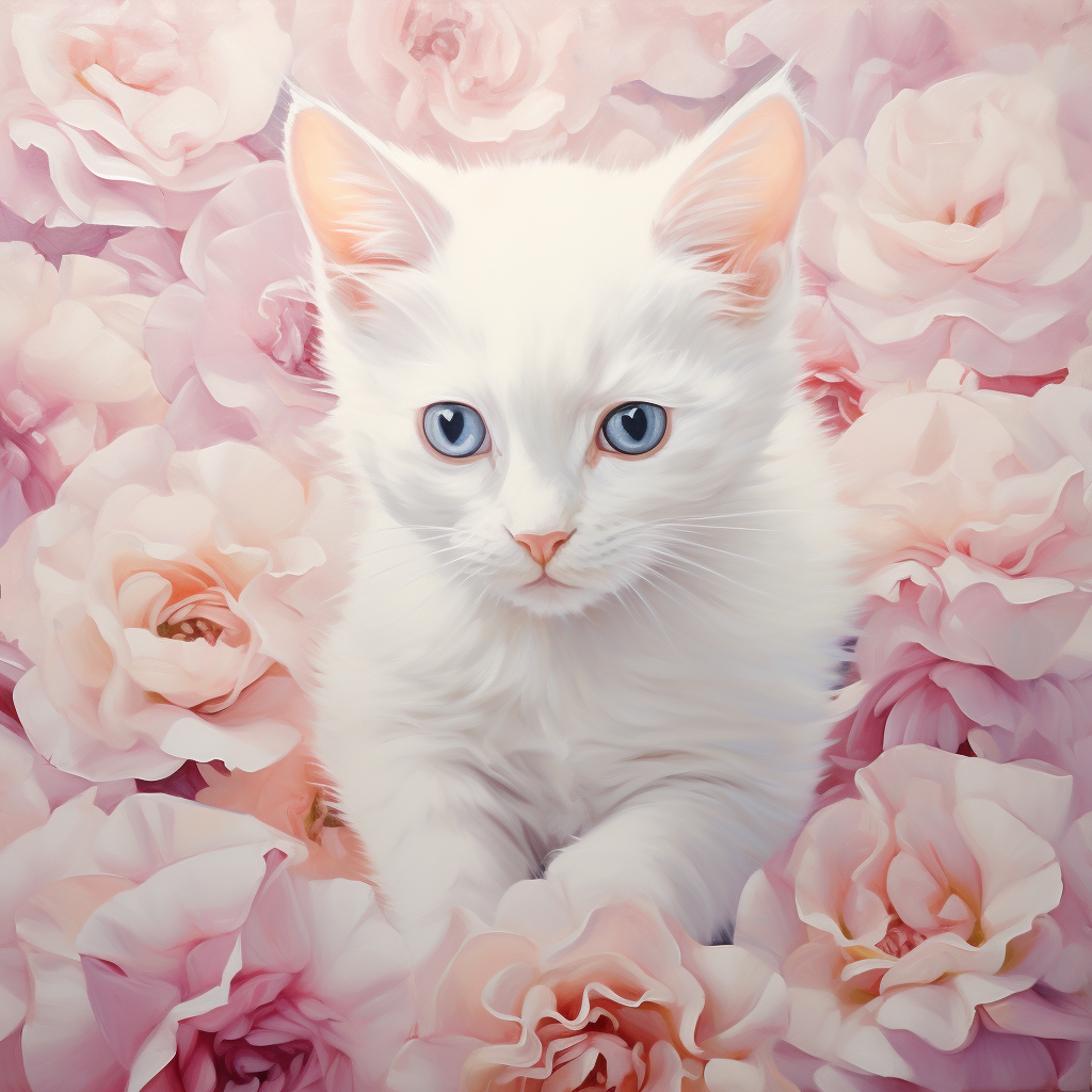 Beautiful Flower Portrait with White Kitten