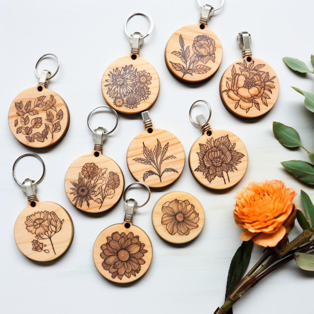 Hand presenting flower-themed pyrography keyrings