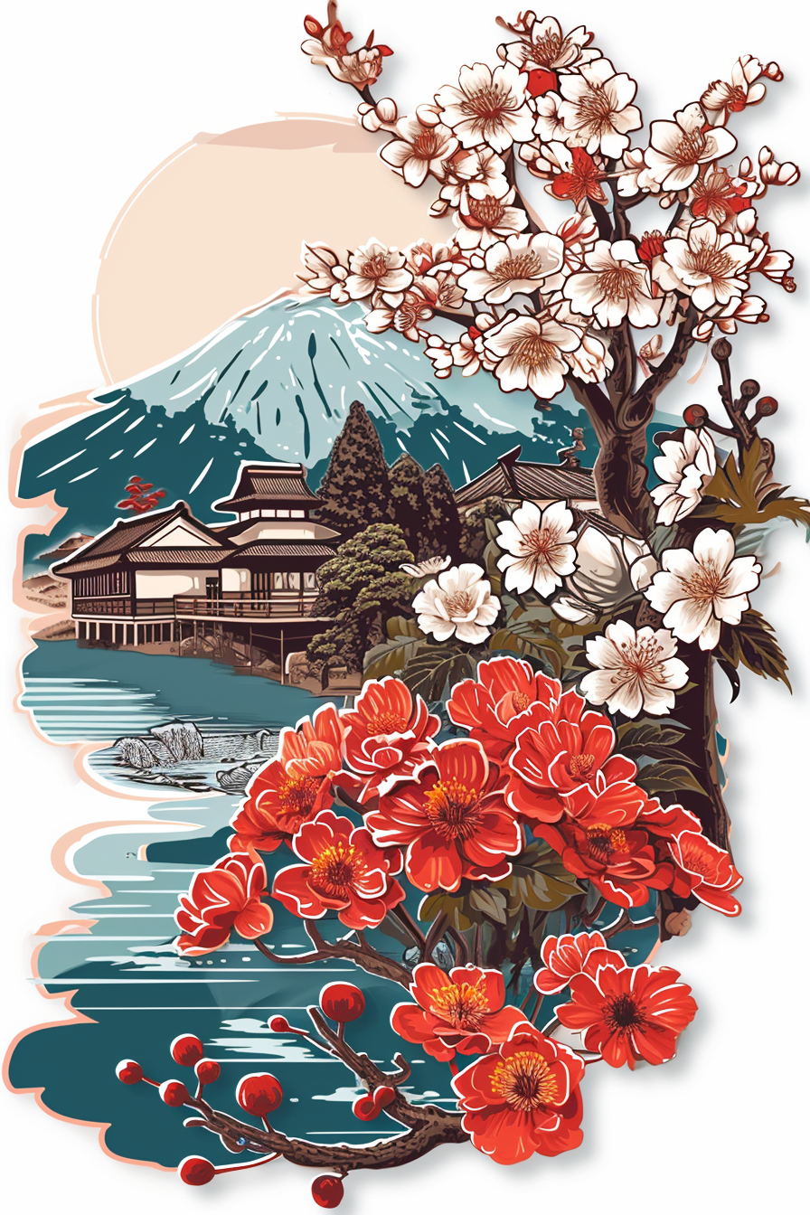 Flower village Japanese style sticker white background vector