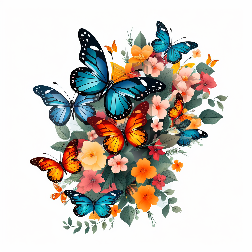 Colorful flowers and butterflies illustration on white background.