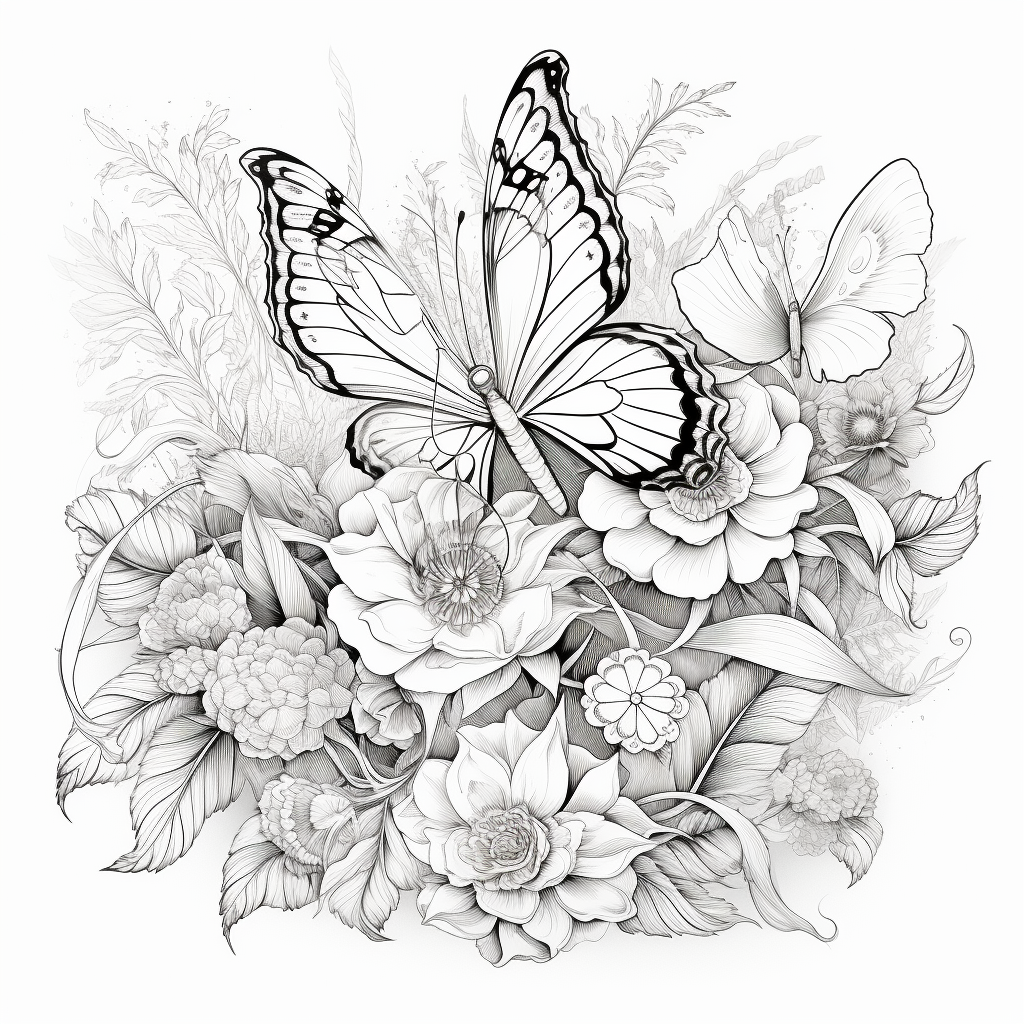 Coloring page with flowers and caterpillars