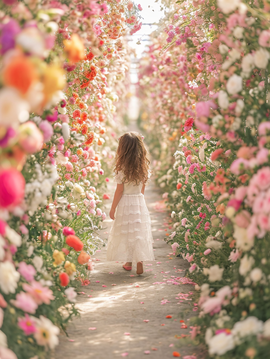 Beautiful girl walking in a flower gallery