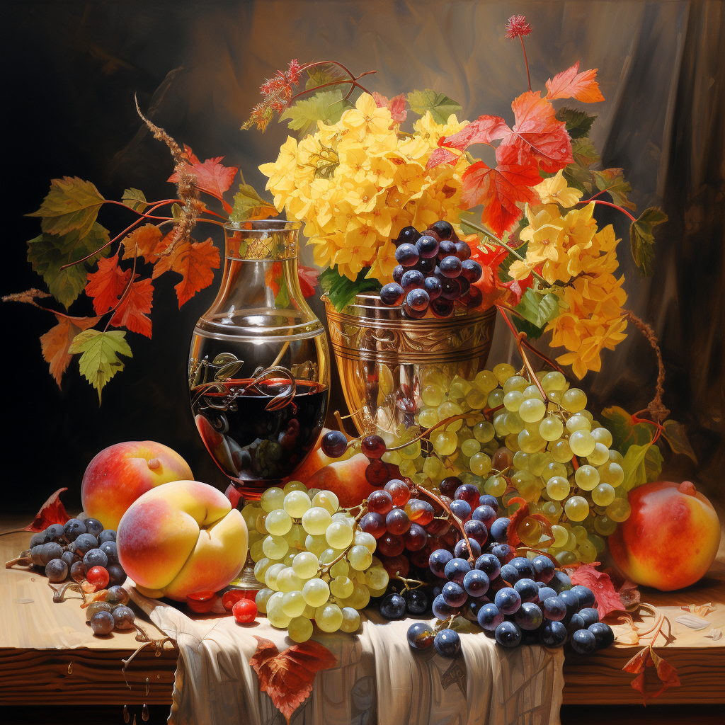 Colorful flowers and grapes arrangement