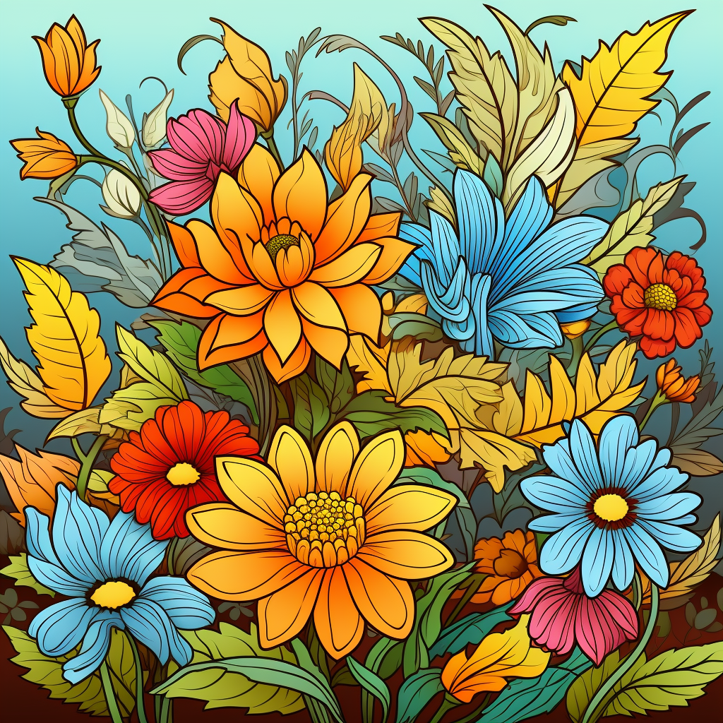 Colorful flowers and leafs coloring page