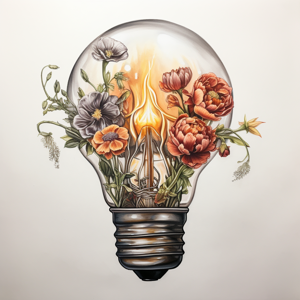 Blooming flowers inside a lightbulb with roots and a skull