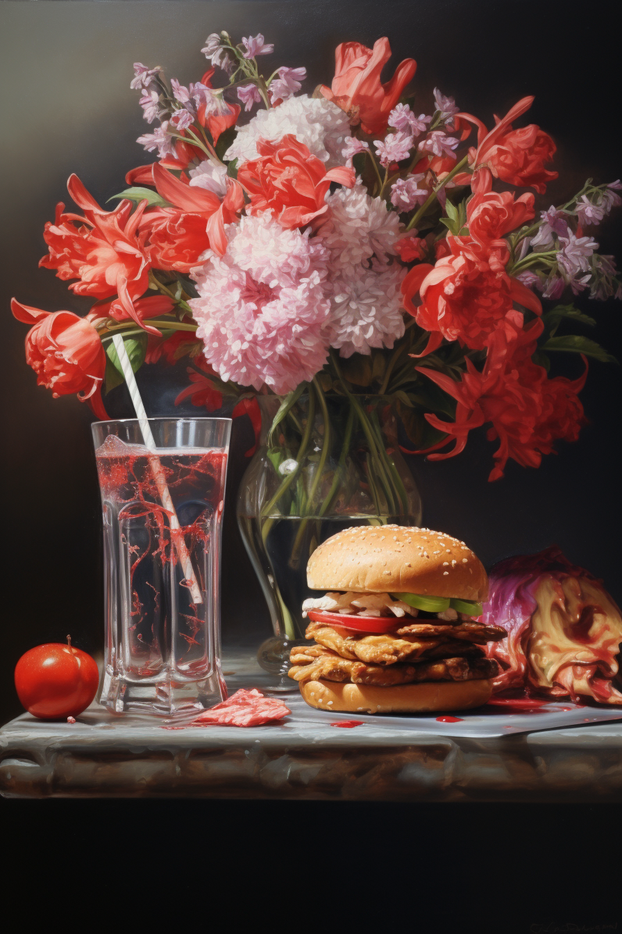 Vibrant still life with flowers and fast food