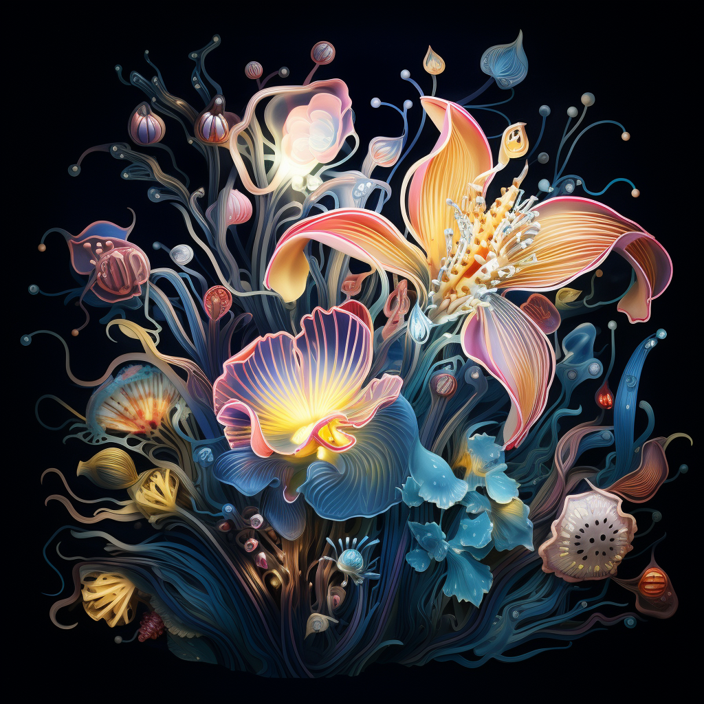 Colorful flowers and sea creatures on dark background