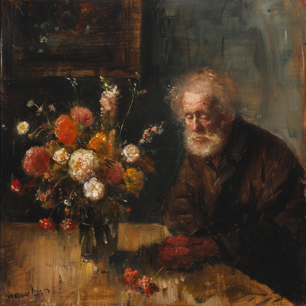 Flowers in vase, Old man at table