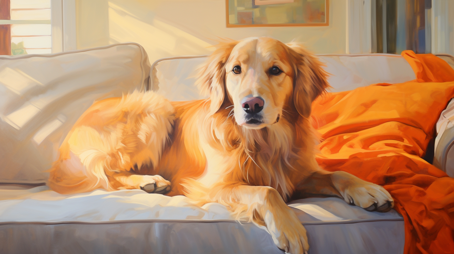 Cute golden retriever relaxing in living room