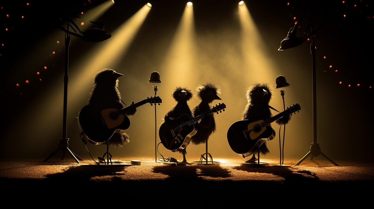 Black silhouettes of fluffy birds on stage with guitars