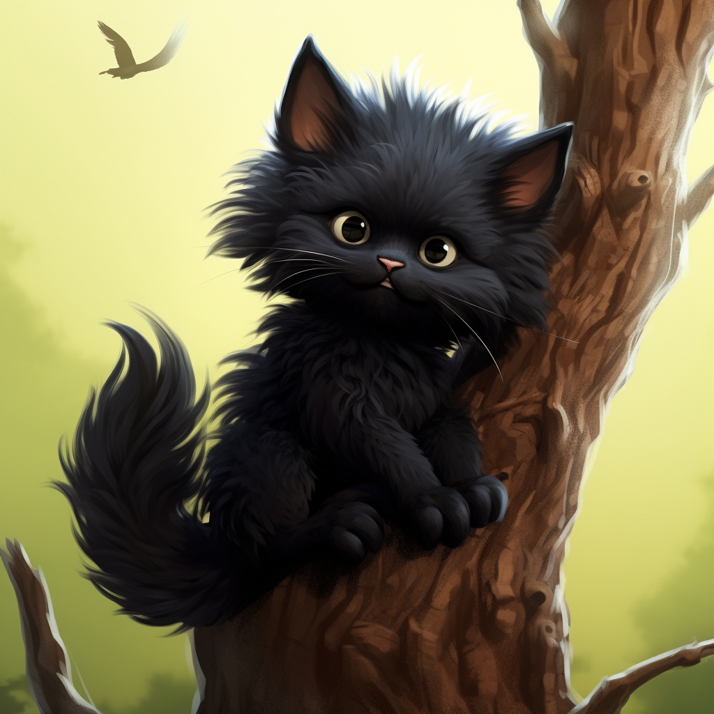 Cute black kitten holding onto a tree