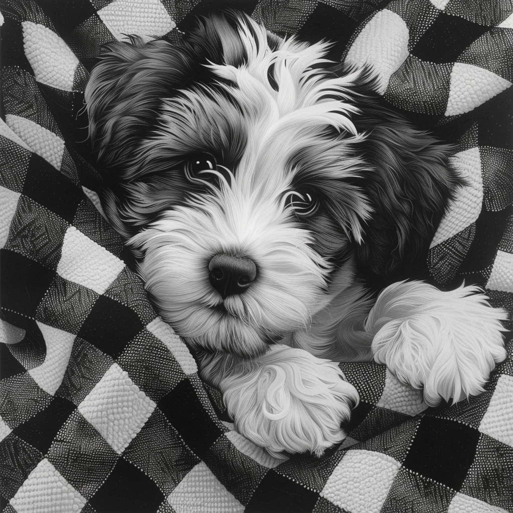 Fluffy blanket puppy on checkard blanket