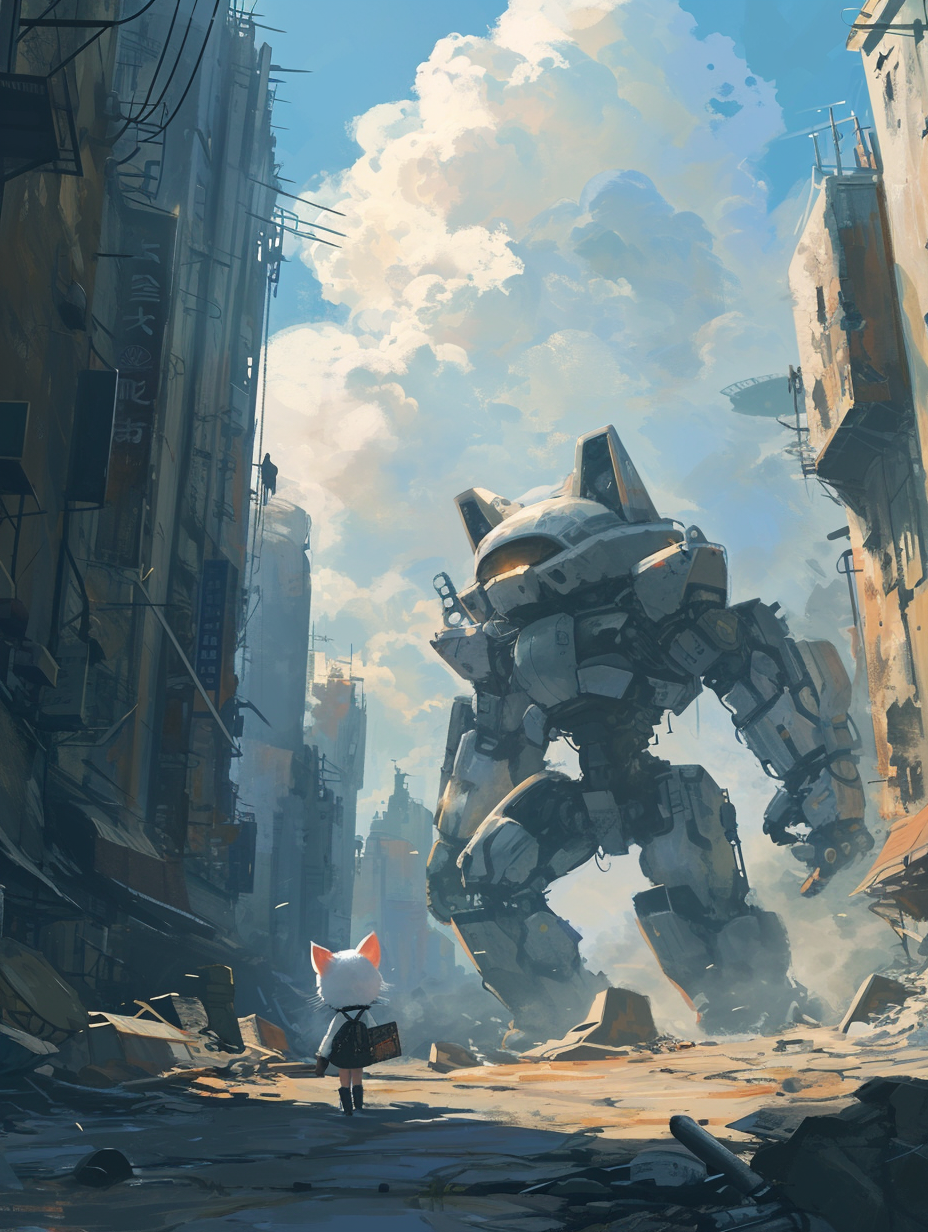 Fluffy cat-person and planet defense robot in anime scene