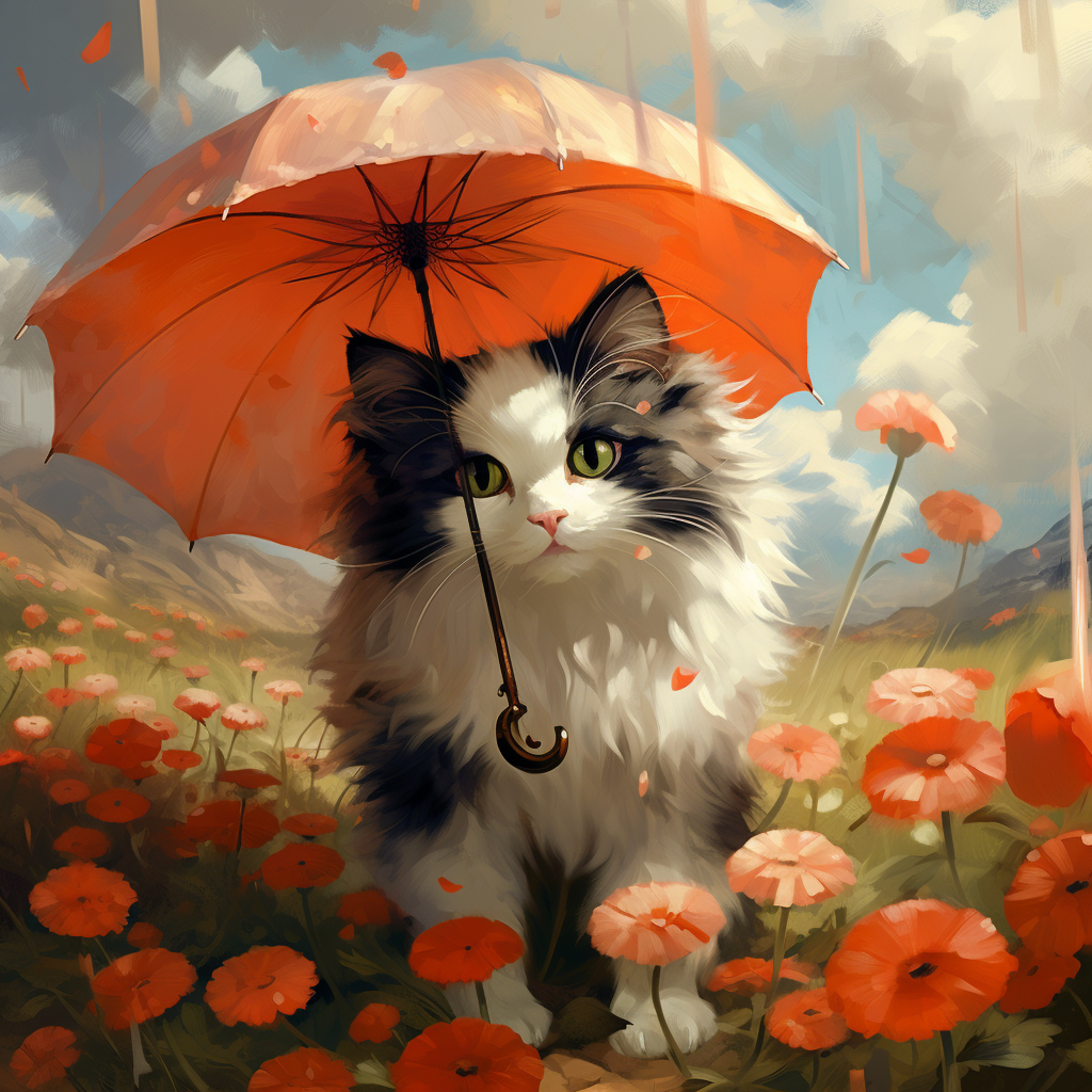 Fluffy calico cat walking with umbrella in poppy field