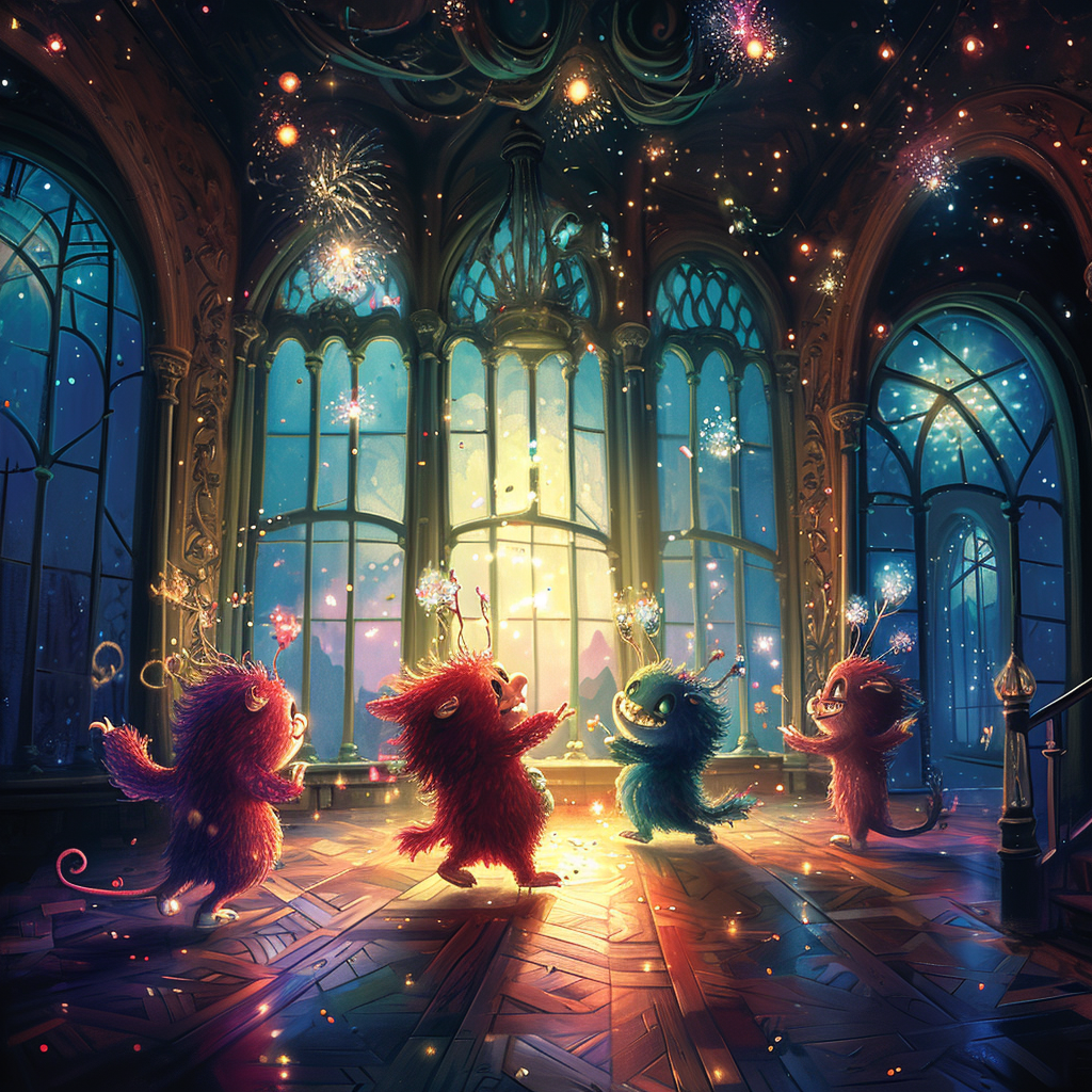 Cute fluffy monsters dancing in ballroom