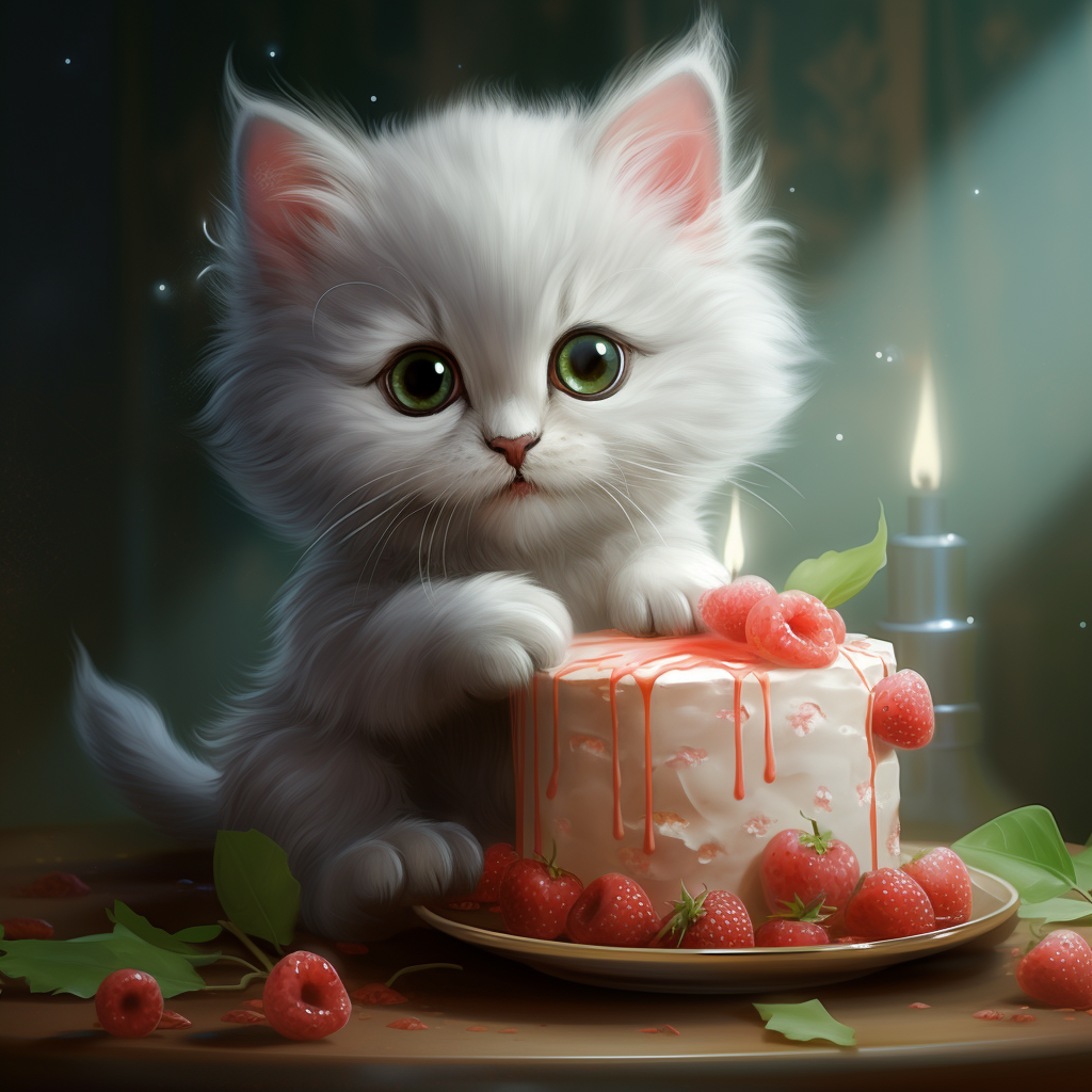 Gray kitten enjoying strawberry cake