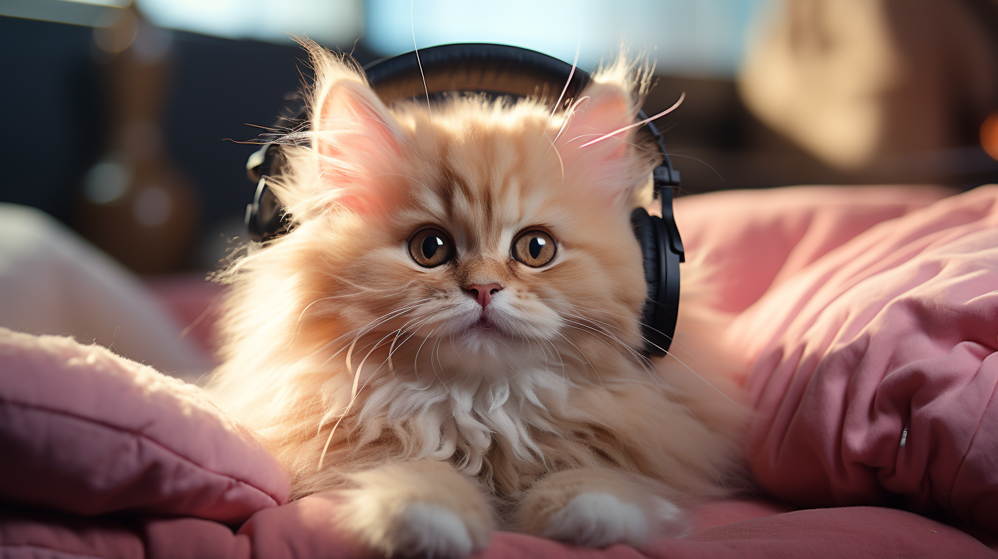 Cute fluffy kitten wearing earpods jamming music