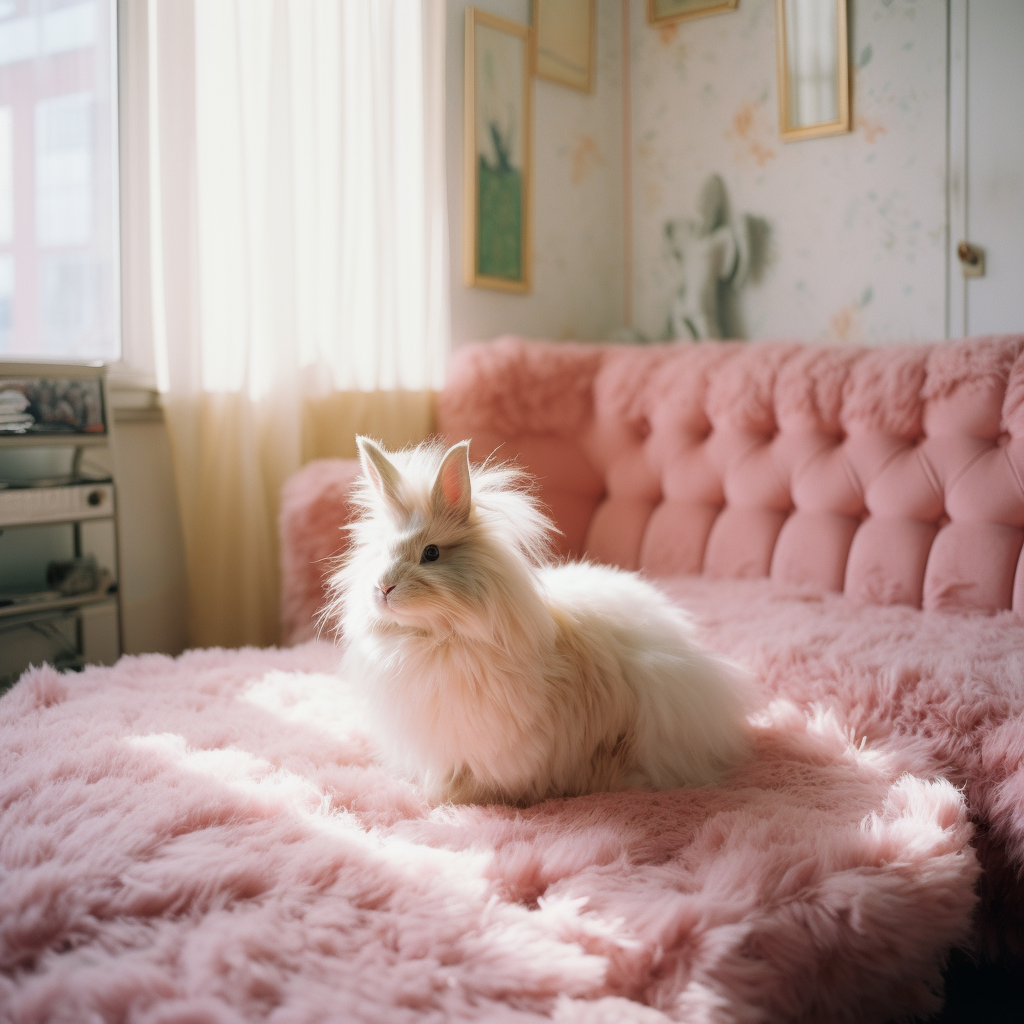 Cute pink bunny in a pastel room