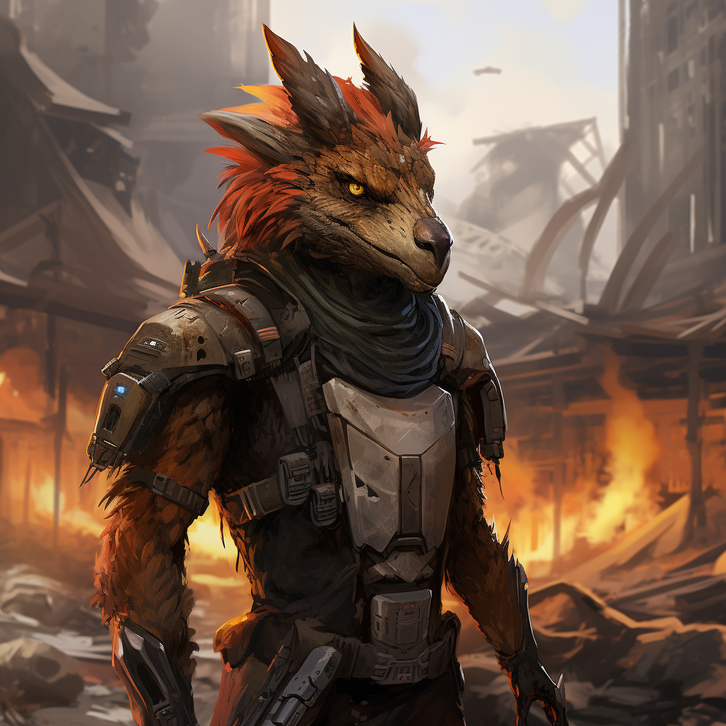 Fluffy protogen raptor in fire colors