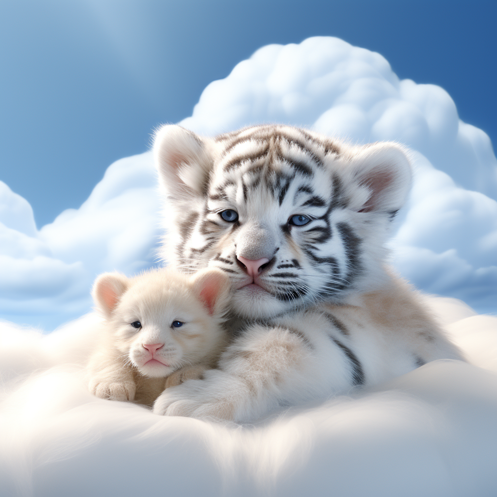 Cute tiger cub on fluffy cloud