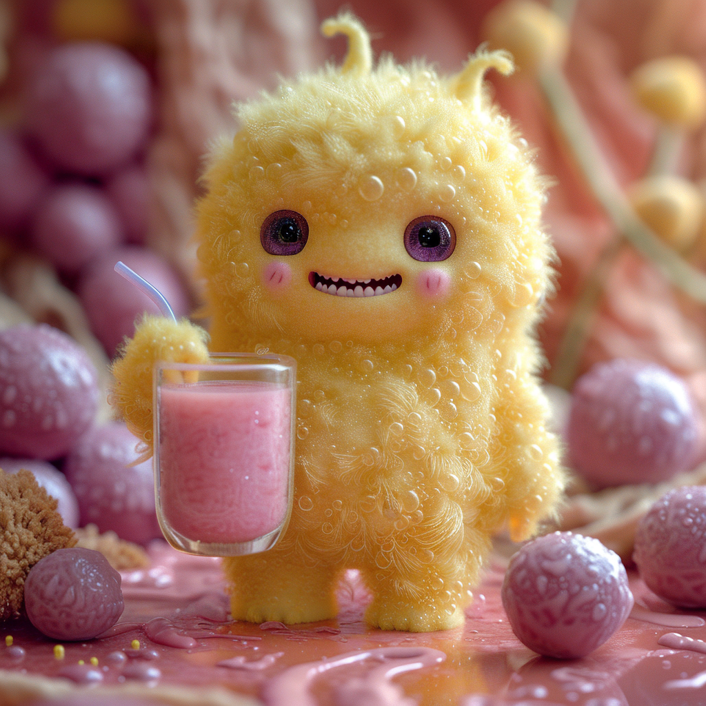 Fluffy yellow toy monster with purple smoothie