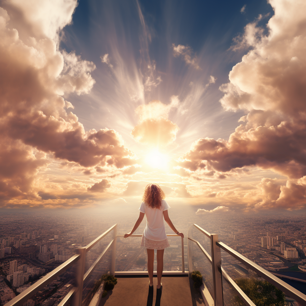 Woman admiring fluffy clouds from a panoramic viewpoint