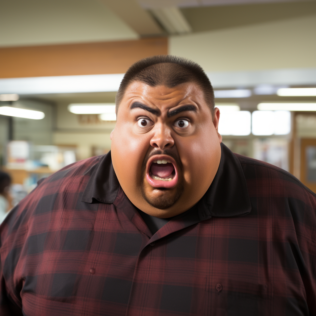 Fluffy Gabriel Iglesias Angry Face in School Cafeteria