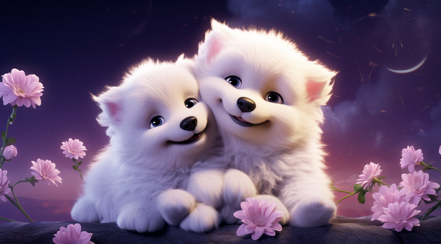 Two cute white puppies cuddling