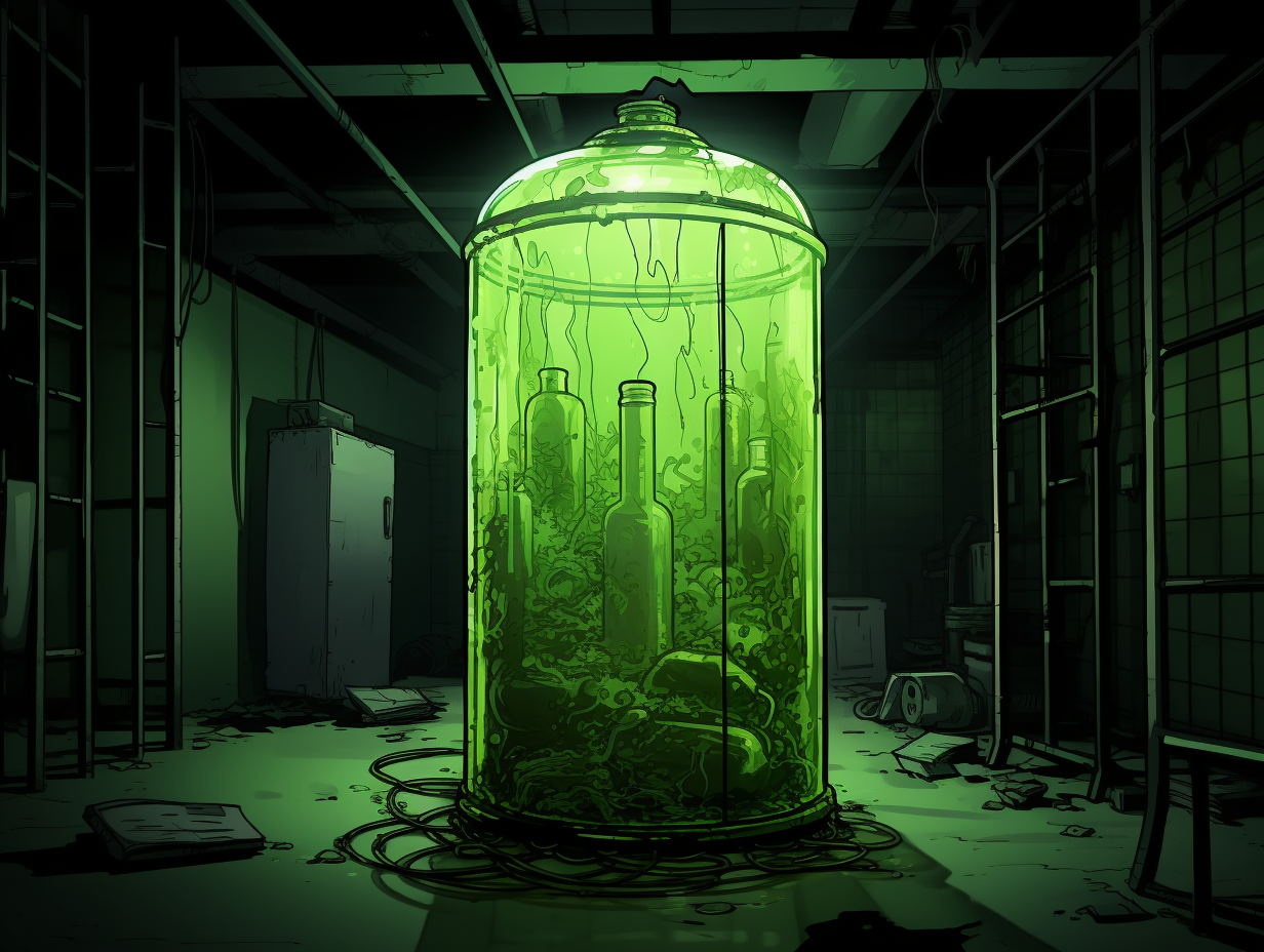 Eerie fluid-filled containment cylinder in abandoned lab