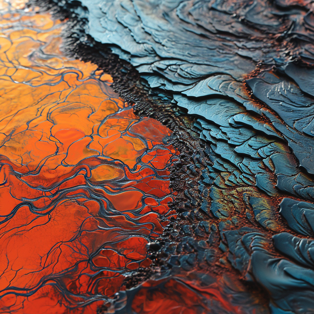 Viscous aqua fluid emulsion on molten lava terrain