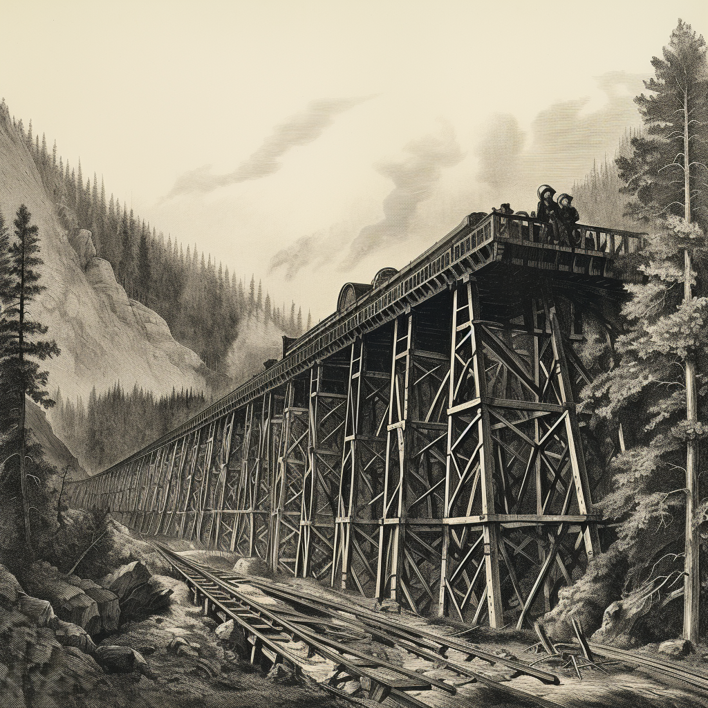 Wood Engraving of Flume Trestle from the 1870s