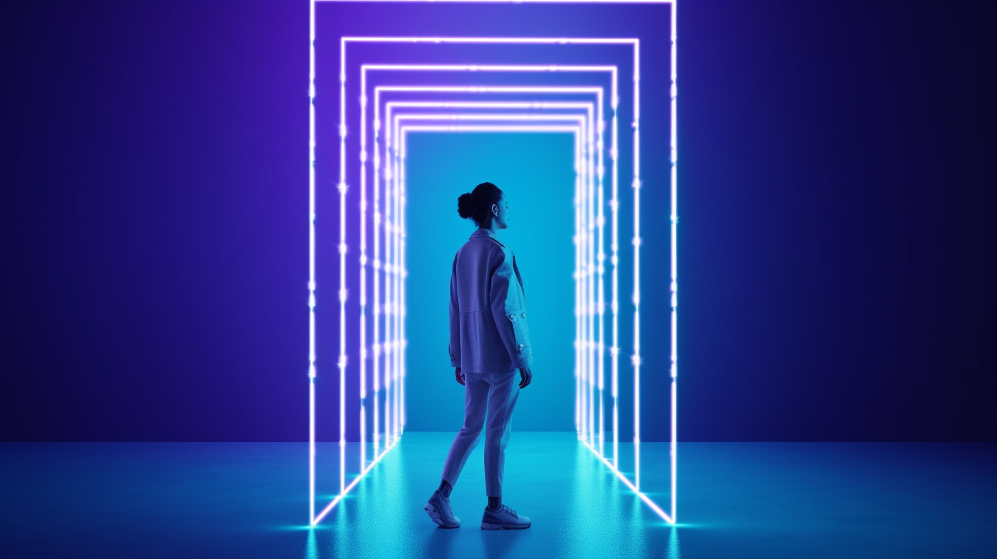 Fluorescent color person in half white and half blue-lighted space