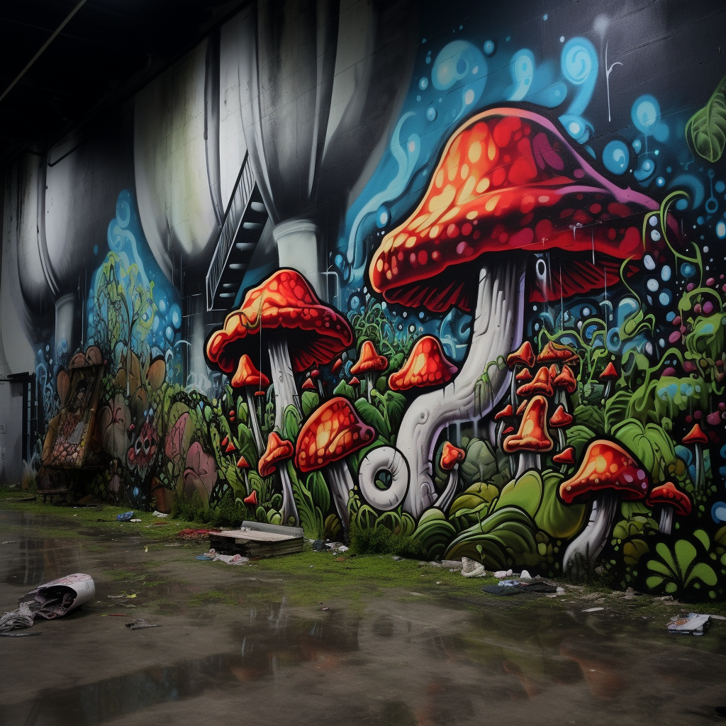 Graffiti with Fluorescent Mushrooms on Concrete Wall