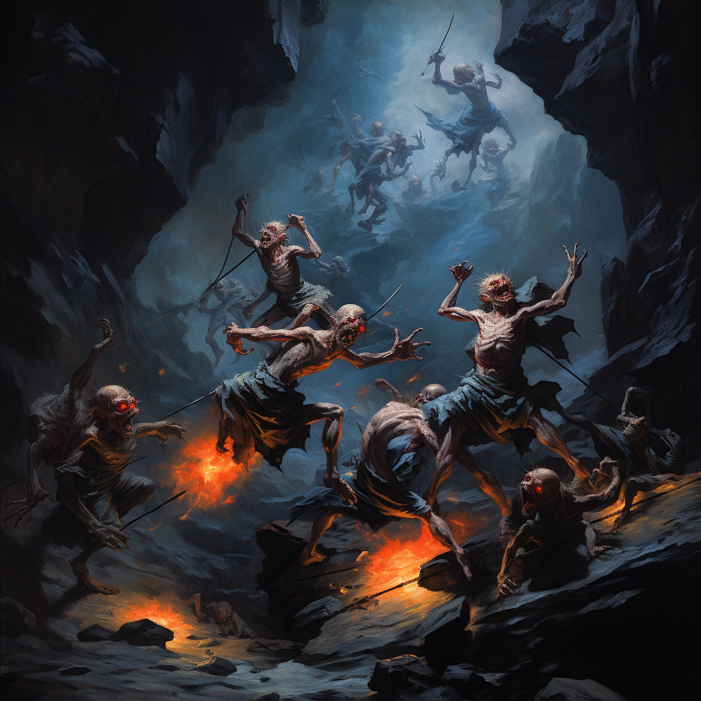 Swarming fire goblins surround distressed blue naiad