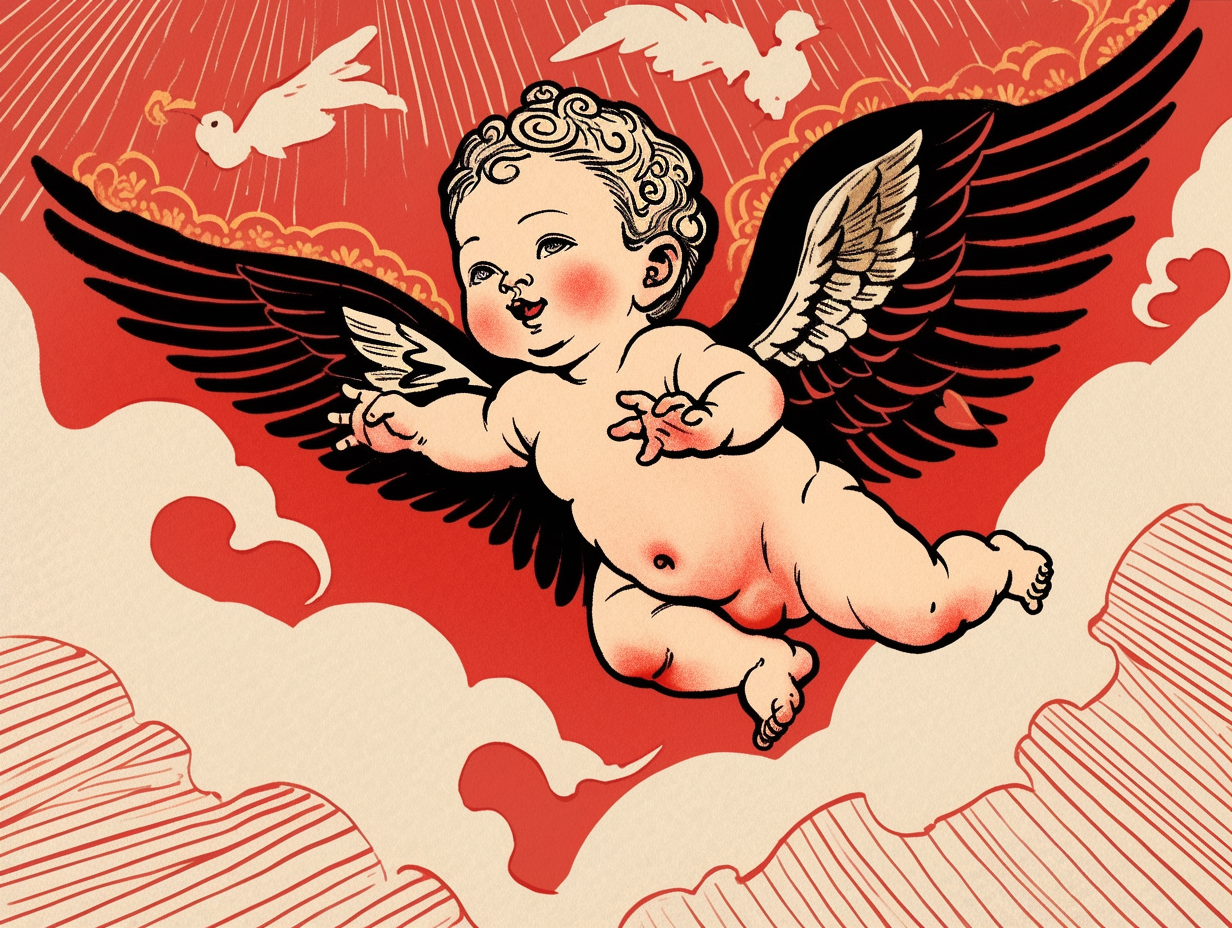 Adorable baby cupid with wings and bow