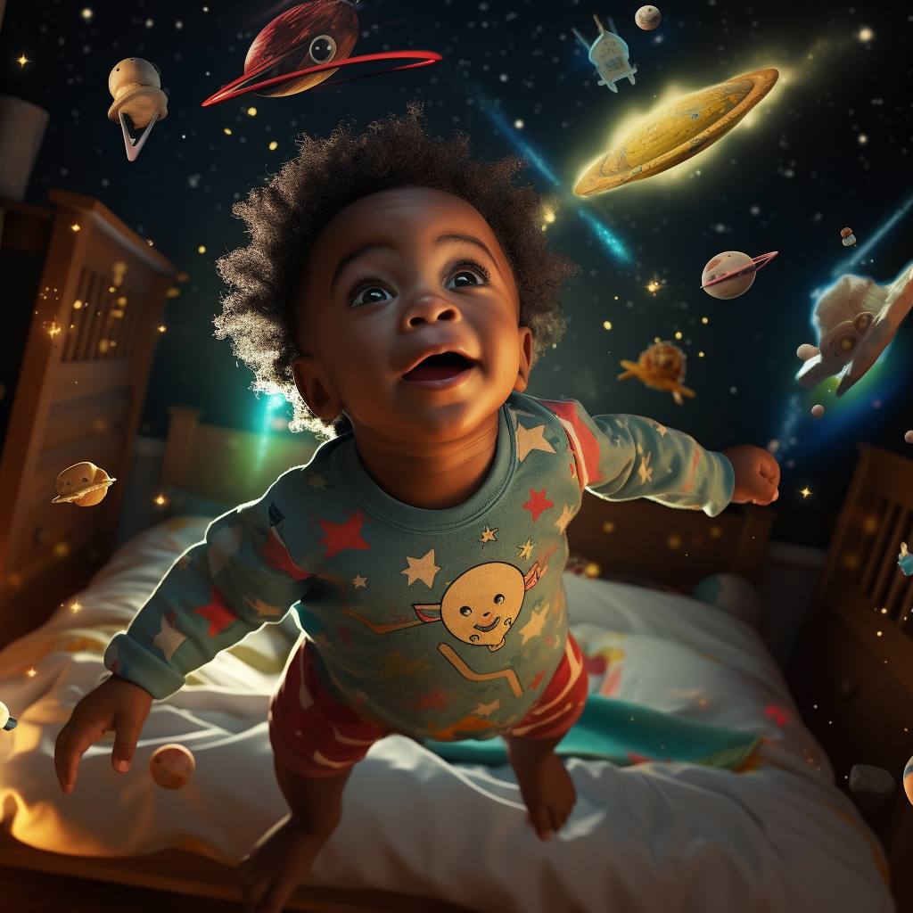 Adorable baby flying in colorful space